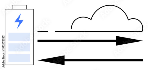 Energy storage, cloud computing, data transfer, renewable energy, networking, technology integration. Illustration of a battery, cloud and directional arrows. Energy storage and data transfer