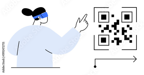 Augmented reality, technology interaction, QR code scanning, digital innovation, user interface, virtual connectivity. A person wearing AR glasses pointing at a QR code. Augmented reality