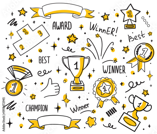 Winner doodle set with trophy cups, medals, ribbons, stars and champion lettering in a playful hand-drawn style