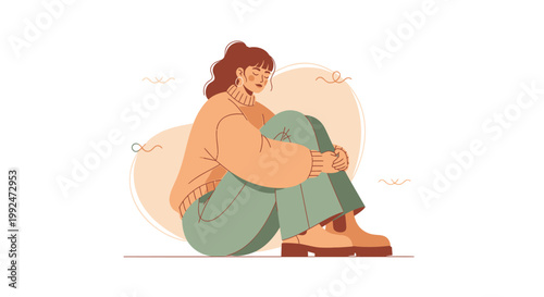 Sad woman sitting alone, depressed person, emotional illustration, vector graphics