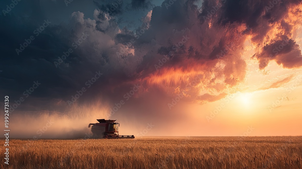 Fototapeta premium Large agricultural machine harvests grain under dramatic storm clouds at sunset