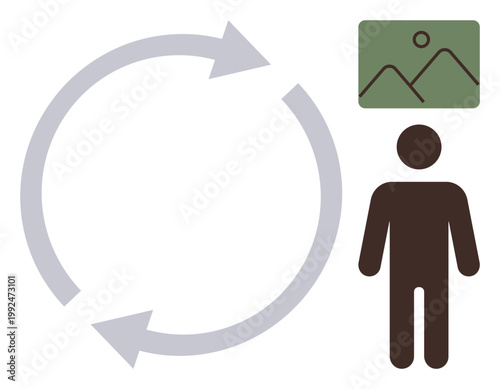Business process optimization, project management, resource allocation, teamwork, feedback cycle, efficiency. Circular arrows, human figure and image symbol. Workflow and teamwork concept