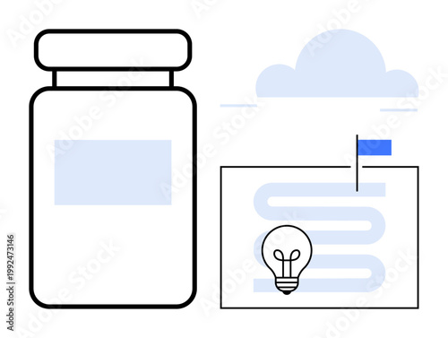 Healthcare innovation. Healthcare visuals with a medication jar and planning symbols emphasizing innovation in treatment, research, and healthcare design. Perfect for pharmaceuticals, planning