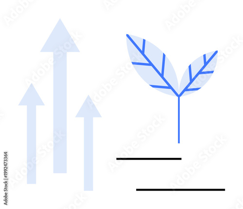 Business innovation, sustainability, growth strategy, nature conservation, eco-friendly initiatives, environmental progress. Graphic of upward arrows and a plant. Growth strategy and sustainability