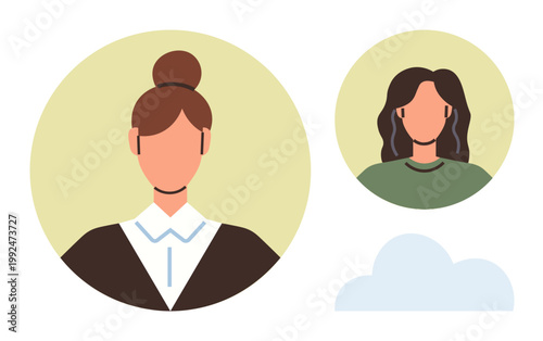 Online identity, profile creation, digital avatars, teamwork, user interface, connection. Two simplistic women profiles with different hairstyles in circular frames. Online identity and profile