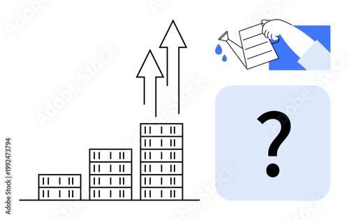 Business growth, investment strategies, decision-making, startups, uncertainty, financial success. Bar chart with rising arrows, hand watering question mark. Business growth and investment