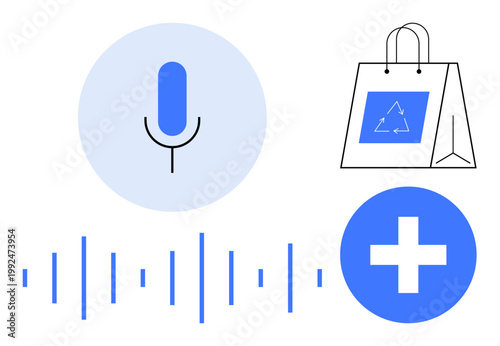Digital communication, environmental sustainability, healthcare, podcasting, audio technology, sound analysis. Microphone symbol, sound wave recycling bag medical cross. Communication