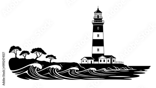 Lighthouse on a Rocky Coast with Ocean Waves Illustration.