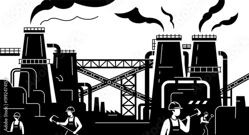 Industrial Factory Illustration with Workers and Smoking Chimneys.