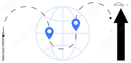 Global business, navigation systems, online travel, international shipping, logistics, growth. Globe with map pins, dashed travel paths and an upward arrow. Navigation systems and global business