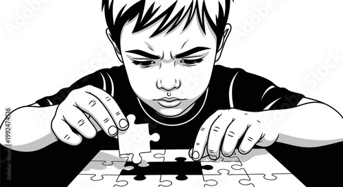 Focused little boy solving a jigsaw puzzle in black and white line art style.