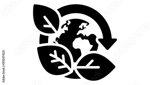 Eco friendly icon with earth globe and leaves, sustainable development and environmental protection symbol, vector illus