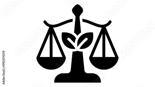 Environmental justice icon, balance scale with leaves, ecofriendly law concept, vector illustration isolated on white ba