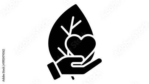 Hand holding a heart icon with a leaf background, representing ecofriendly health, nature conservation, and sustainable