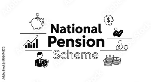 National Pension Scheme concept illustration with financial icons in line art style.