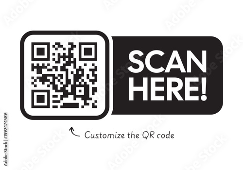 Black Scan Here QR Code Label High Quality Vector Graphic with Customizable Digital Matrix Barcode for Modern Business Marketing and Retail Signage