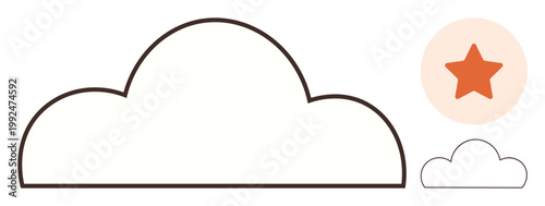 Weather, creativity, design, inspiration, simplicity, branding. Large outlined cloud with a smaller cloud and a star inside an orange circle. Weather and creativity concept