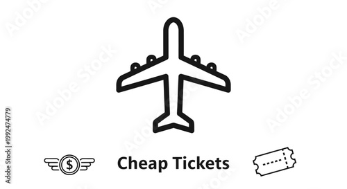Cheap flight tickets icon set with airplane, dollar coin with wings, and travel ticket symbol.