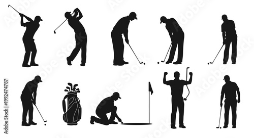 Silhouettes of golfers in various action poses and with golf equipment on a white background.