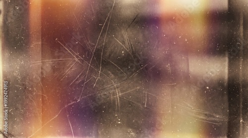 Vintage film frame with scratches and a textured surface. The background features light flares and subtle color gradients, evoking a sense of nostalgia.