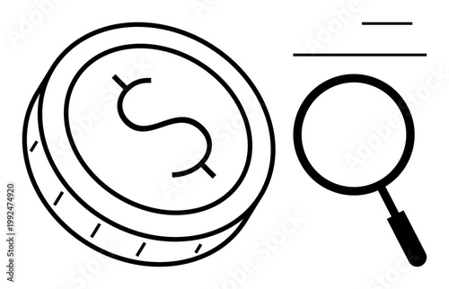 Financial analysis concept. Magnifying glass and coin with dollar symbol emphasizing financial analysis, wealth exploration, and monetary research. Perfect for finance, research, economics