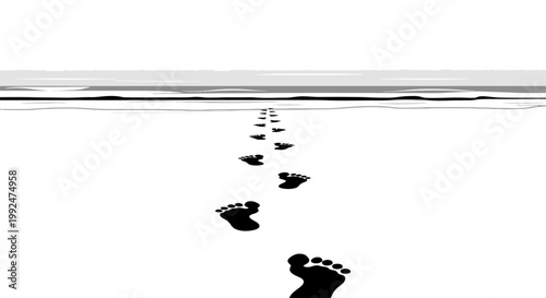 Black Footprints Walking Towards the Sea on Beach Minimalist Illustration