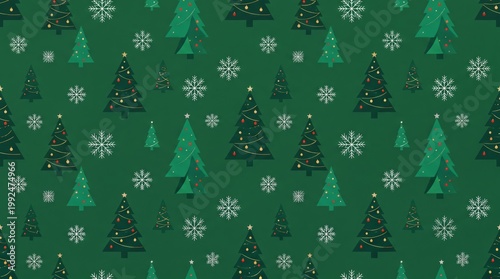 Festive Christmas Trees and Snowflakes Pattern. A pattern filled with stylized Christmas trees and snowflakes against a green backdrop. This image captures the essence of the holiday season