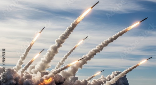 Powerful rocket missiles flying upwards with bright fire exhaust during a massive army defense drill.