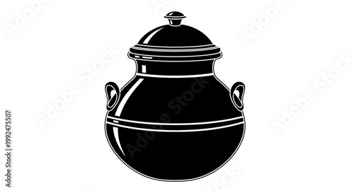 Traditional ceramic pot with lid illustration, black and white vector.