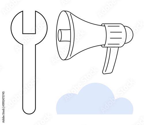 Technology, cloud computing, digital tools, communication, cloud infrastructure, IT services. Wrench, megaphone and a cloud graphic. Technology and cloud computing concept