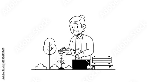 Senior Woman Reading a Book and Holding a Bowl of Fruit in the Park.