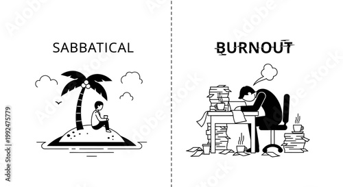 Conceptual Illustration of Sabbatical vs Burnout: Work-Life Balance Comparison.