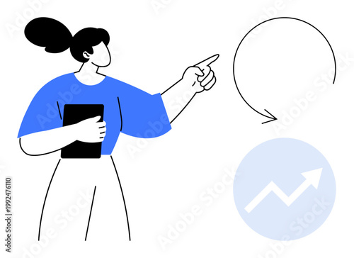 Business growth, analytics, education, teamwork, goal setting, professional development. Woman holding a tablet and pointing to a chart. Business growth and analytics concept