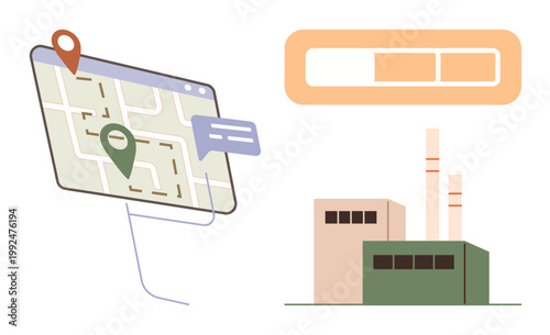 Supply chain, industry logistics, navigation systems, production planning, GPS tracking, and location services. Map with location pins and industrial factory. Supply chain and industry logistics