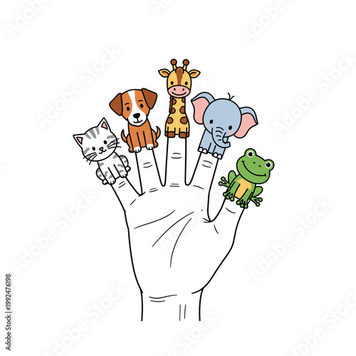 Hand puppets kids toys minimal line art black isolated