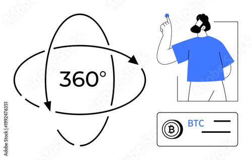 Cryptocurrency, bitcoin payments, e-commerce, virtual finance, digital wallet, blockchain. 360-degree graphic and bitcoin-themed elements. Cryptocurrency and bitcoin payments concept explained