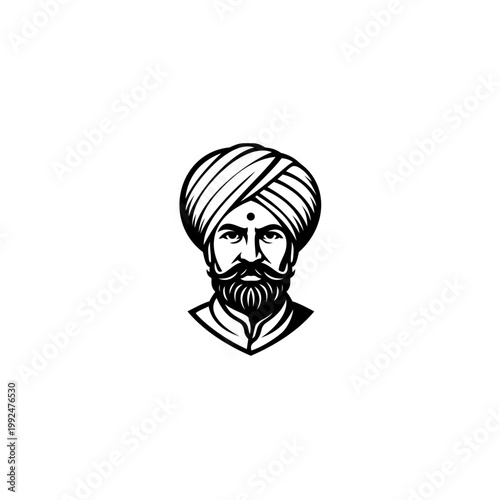 Traditional Indian man wearing turban with beard and mustache, detailed monochrome vector portrait isolated on white background 