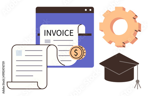Financial planning, digital accounting, online learning, education tools, financial literacy, software services. Invoice document, gear and graduation cap . Financial management and online learning