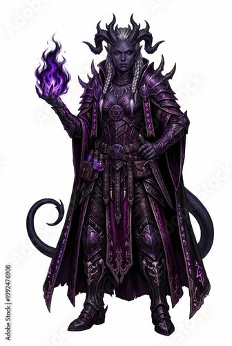 Full body dark fantasy tiefling warlock holding dark fire orb on isolated white background