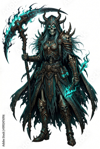Undead skeleton witch wielding a dark energy scythe on a white isolated background