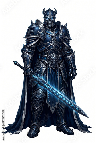 Undead human death knight in heavy gothic armor with glowing runic sword on white background