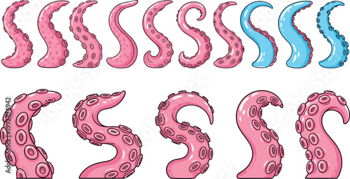 Cartoon octopus tentacles collection set colorful marine sea creature elements with suction cups vector illustration isolated design