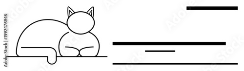 Home decor, animal symbolism, pet ownership, minimalism, artistic , relaxation. A simple line art cat resting with abstract horizontal lines. Home decor and relaxation concept