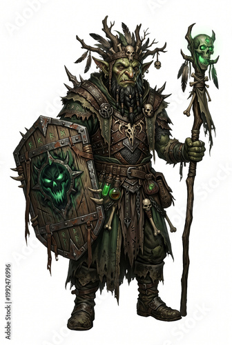 Fantasy goblin shaman with skull staff and cursed shield isolated on white background