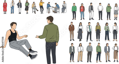 Casual people characters collection set men and women standing sitting walking lifestyle poses flat vector illustration isolated design elements
