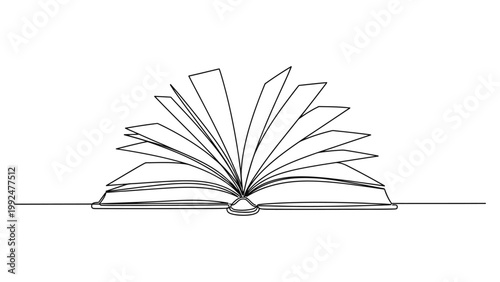 Continuous single line drawing of an open book with pages spread out.