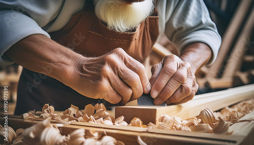 Wallpaper Mural The artisan hands of an old carpenter shape the wood with precision, creating tradition in the digital age. Generative AI. Torontodigital.ca