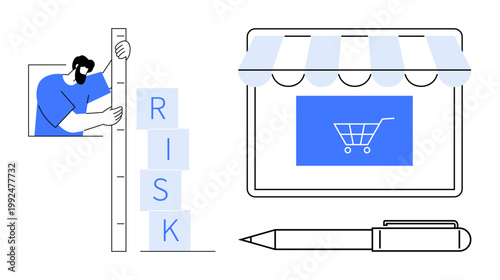 Business risk management, e-commerce solutions, digital strategy planning, financial assessment, online retail, and decision making. Person evaluating stacked blocks labeled risk next to tablet