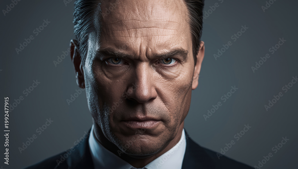 Fototapeta premium Intense mature man portrait with dramatic lighting and serious expression