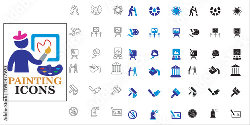 painting icons set. drawing, painter, canvas, artwork, color, museum and more. simple complete vector